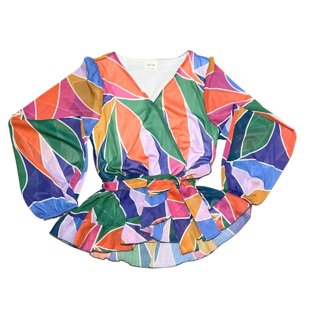 Peach Love California Faux Wrap Tie Waist Blouse Colorful V-neck Women's Medium